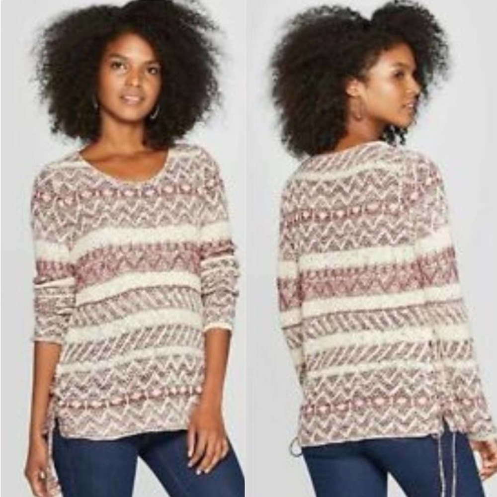 Knox Rose Boho Sweater Cream Purple Striped Knit Lace Up Slits Acrylic Small